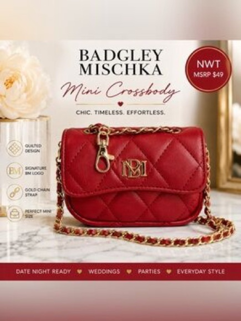 Badgley Mischka Quilted Red Mini Crossbody with Gold Chain
